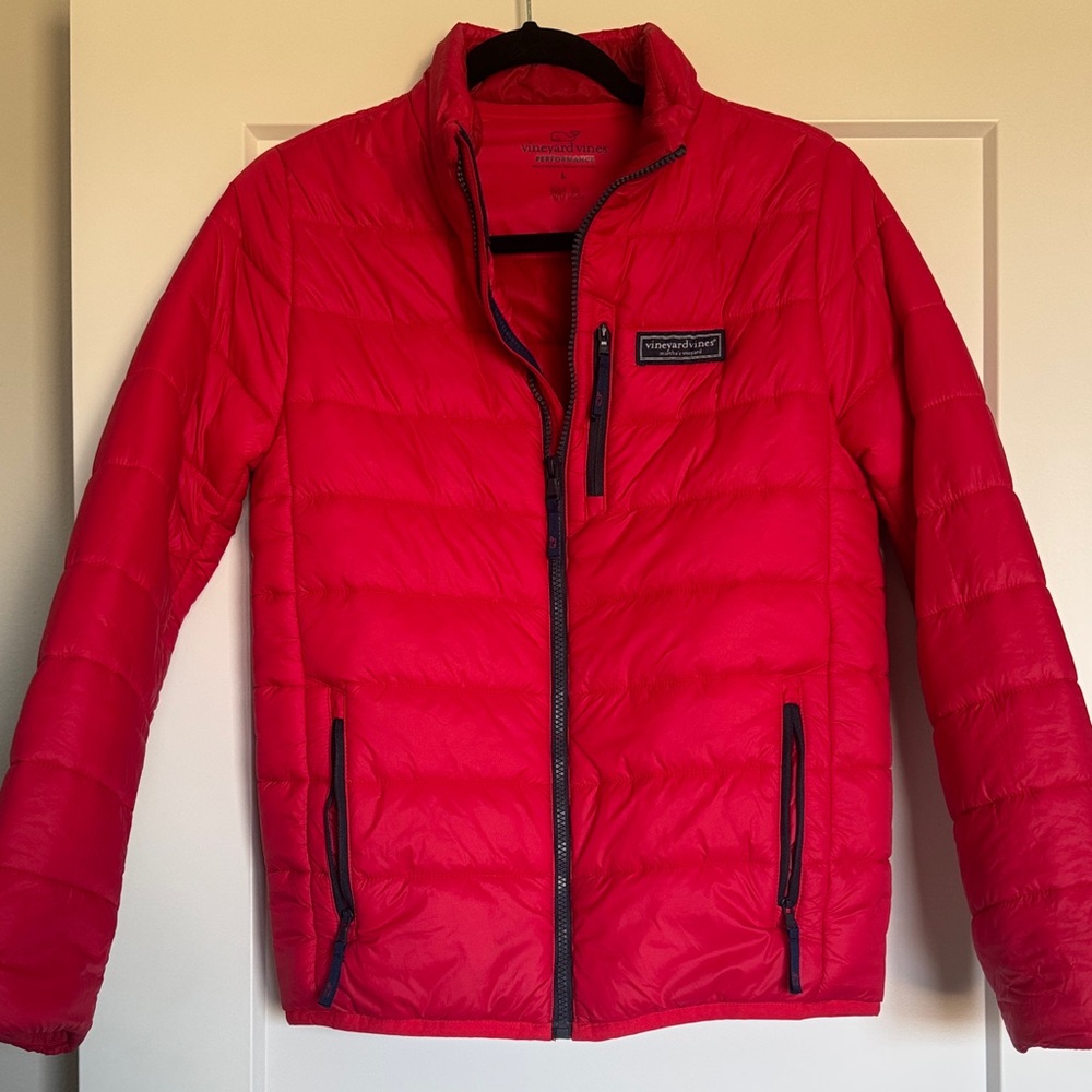 Youth Vineyard Vines Red Puffer Jacket with Navy Accents